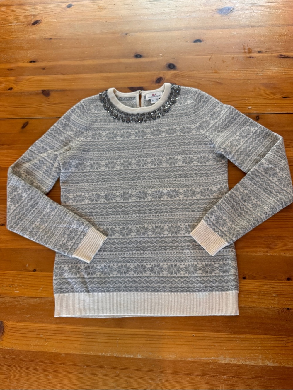 Vineyard Vines Gray & Cream Jeweled Wool & Cashmere Fair Isle Crewneck Sweater